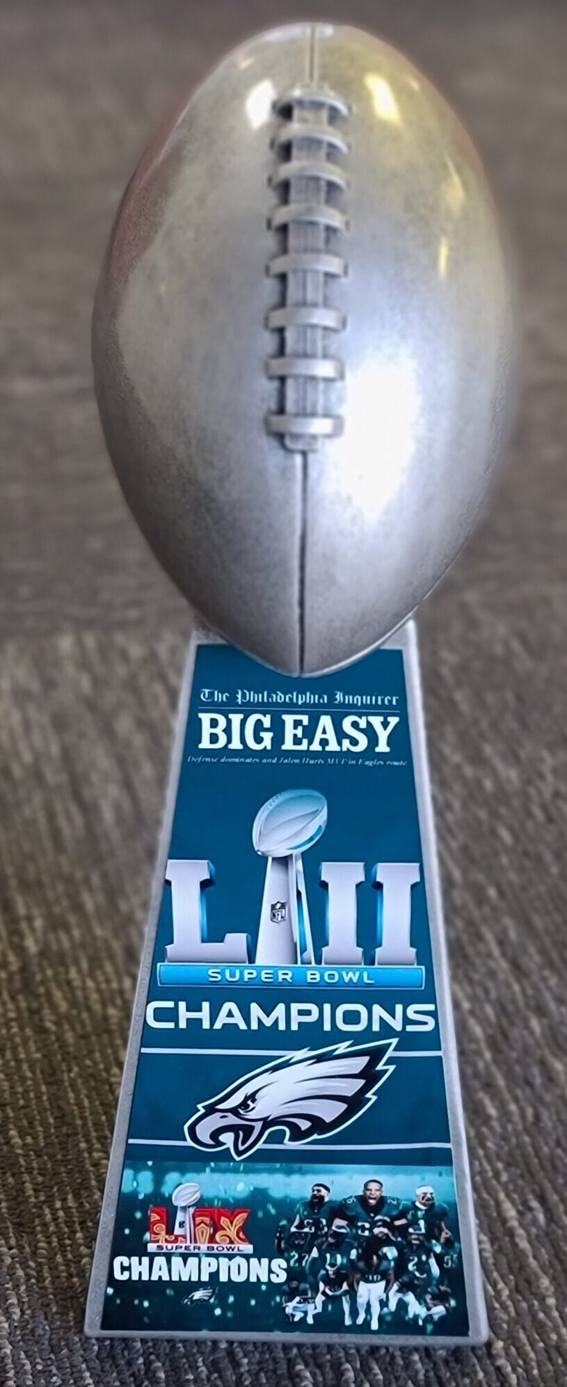 Silver resin football trophy with custom full-color wrap for Philadelphia Eagles Super Bowl LII Champions, Las Vegas