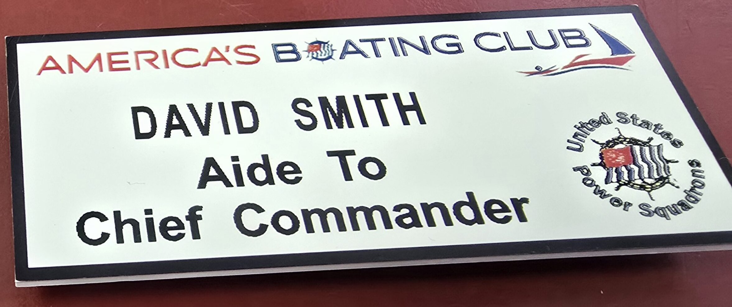 Custom engraved name badge with full-color logos for America's Boating Club and United States Power Squadrons, Las Vegas