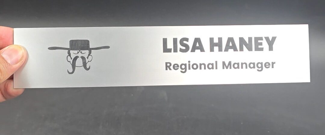 Brushed silver metal nameplate with company logo engraved for Regional Manager, custom employee name plate, Las Vegas