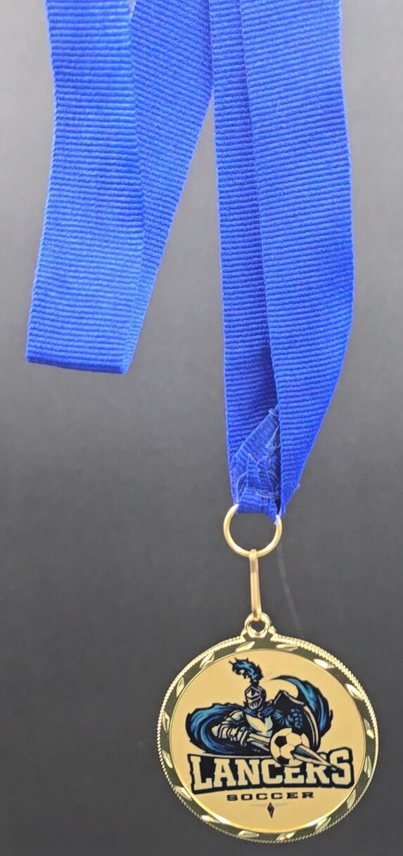 Gold soccer medal with blue ribbon and custom Lancers Soccer mascot insert, custom team award, Las Vegas