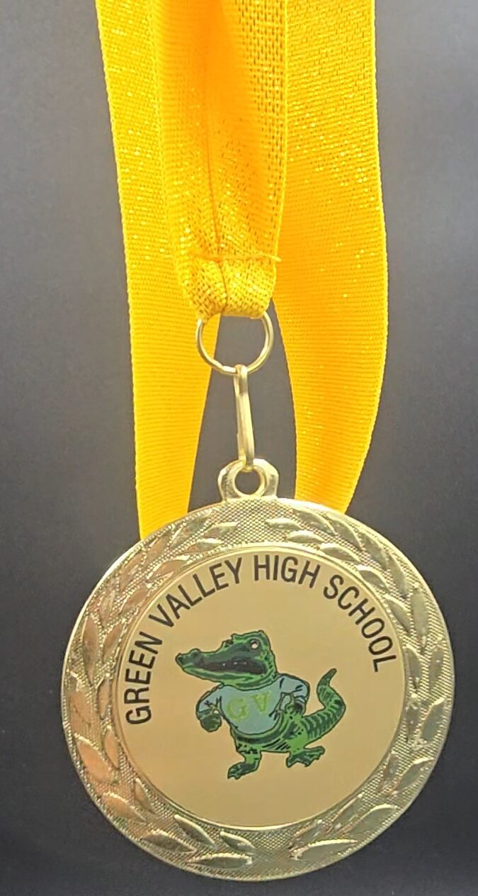 Gold medal with yellow ribbon and custom school mascot insert for Green Valley High School Gators, Las Vegas