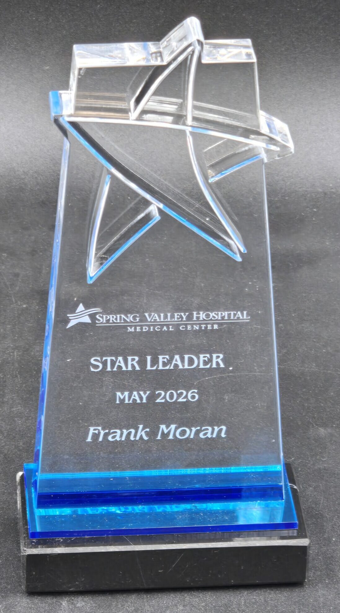 Crystal star leader award with blue accent base engraved for Spring Valley Hospital Medical Center, Las Vegas