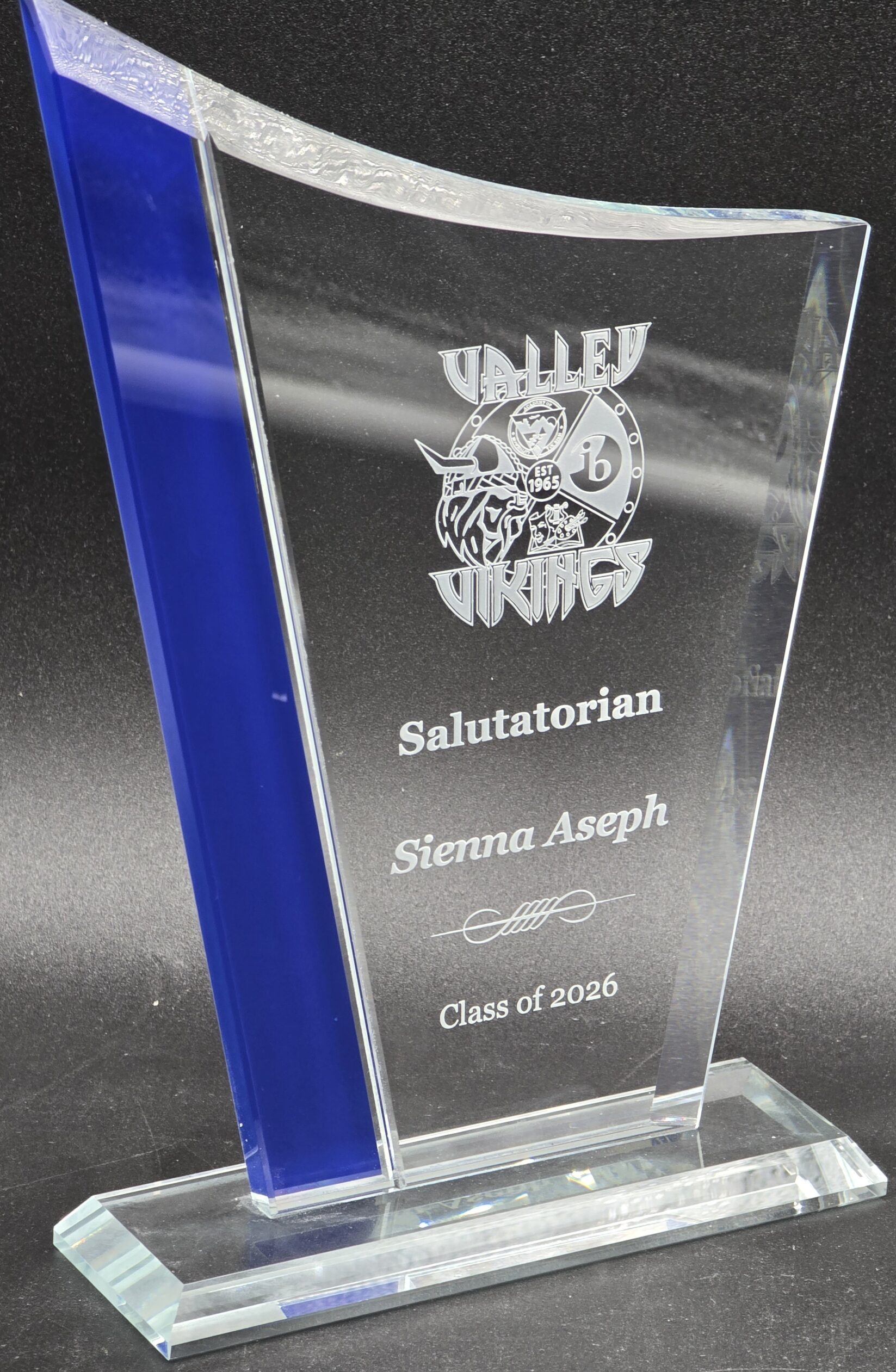 Clear crystal peak award with blue accent panel and laser-engraved school mascot logo for salutatorian recognition