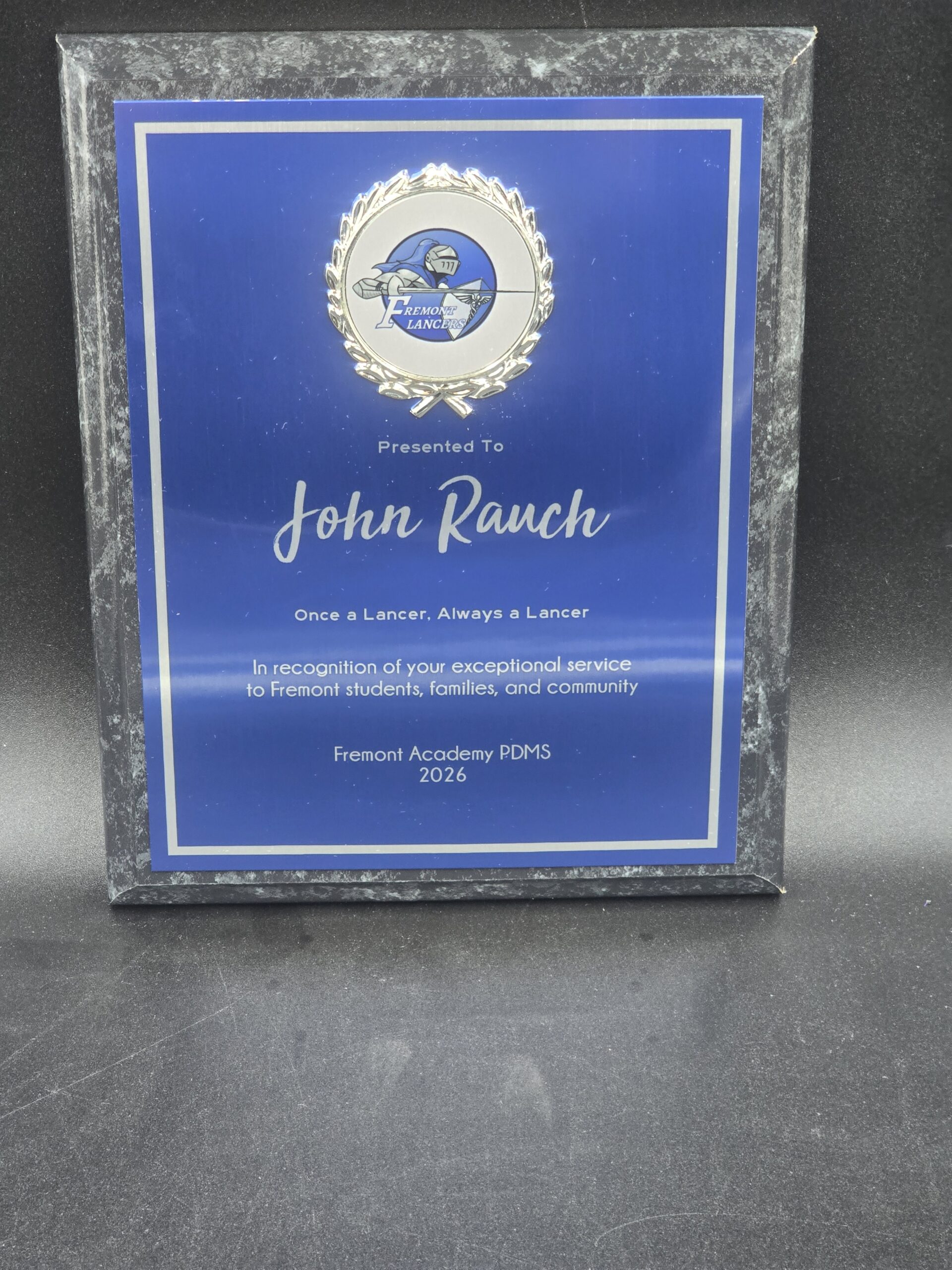 Black marble award plaque with custom engraving, Las Vegas trophy shop