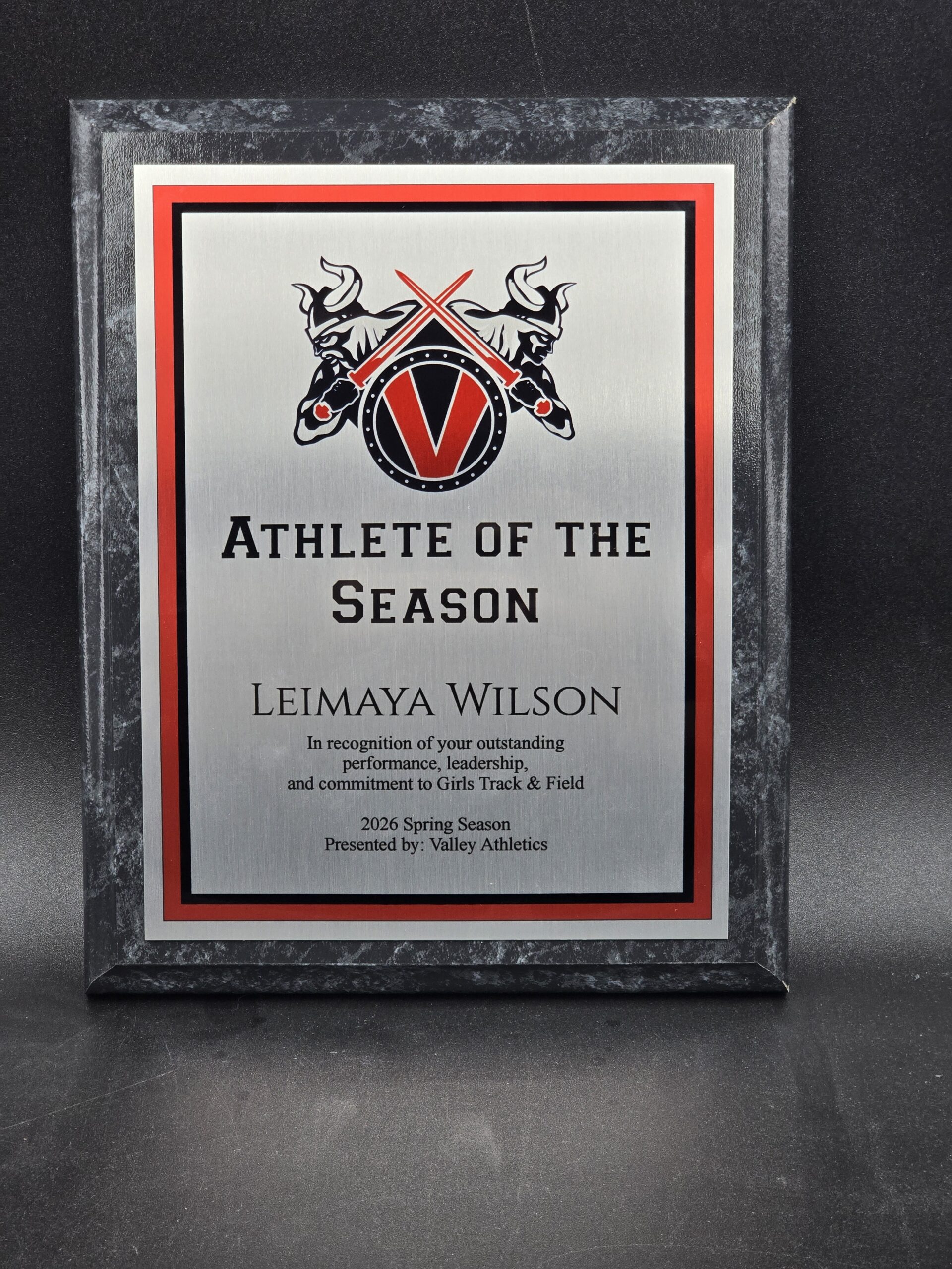 Black marble award plaque with custom engraving, Las Vegas trophy shop
