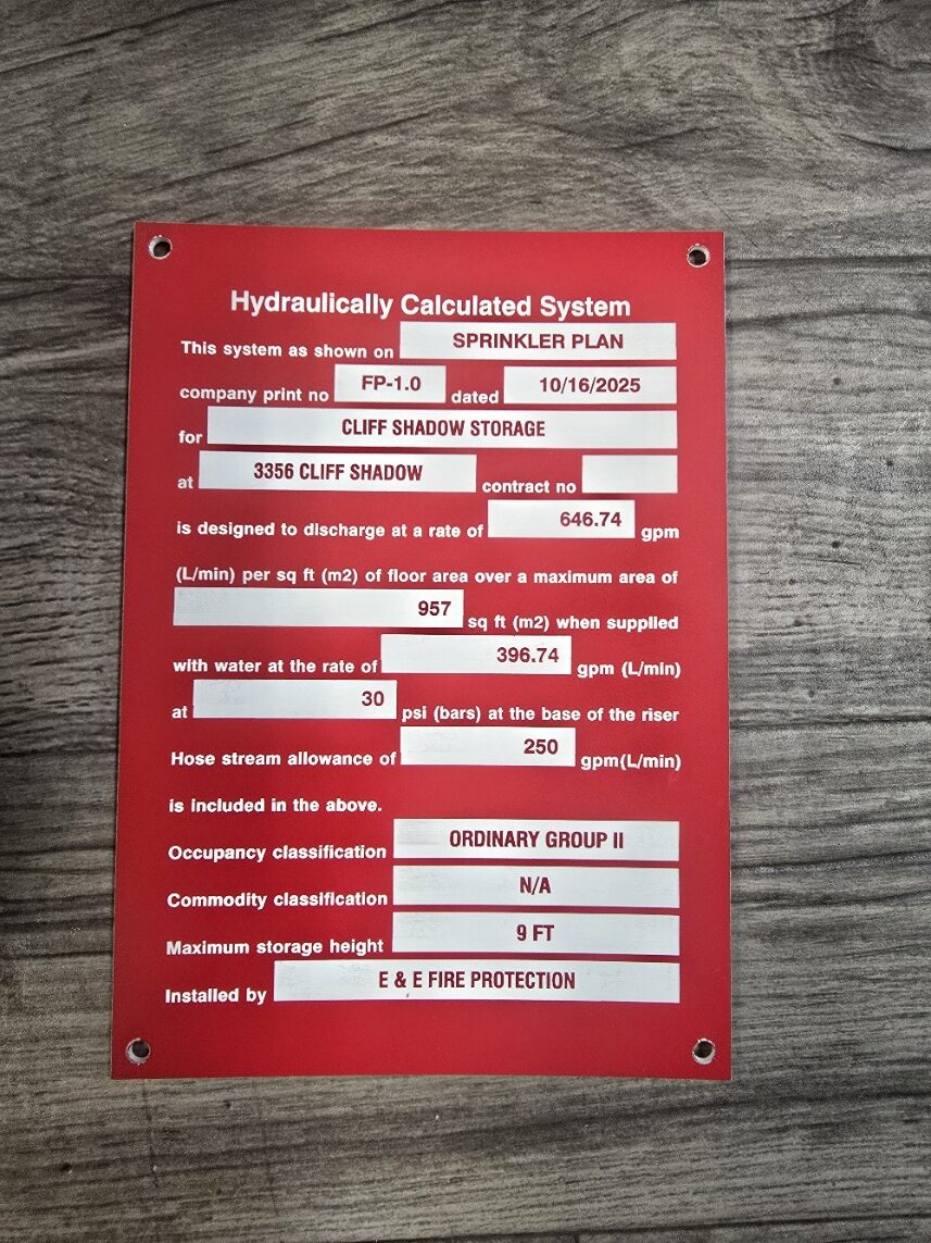Fire hydraulically calculated system sign